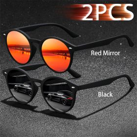 2 Pieces Fashion Vintage oval Sunglasses Men Women Fishing Driving Man Luxury Brand Designer Sun Glasses Anti-Glare Retro Eyewea (Lenses Color: RedMirror-Black)