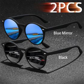2 Pieces Fashion Vintage oval Sunglasses Men Women Fishing Driving Man Luxury Brand Designer Sun Glasses Anti-Glare Retro Eyewea (Lenses Color: BlueMirror-Black)