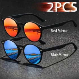 2 Pieces Fashion Vintage oval Sunglasses Men Women Fishing Driving Man Luxury Brand Designer Sun Glasses Anti-Glare Retro Eyewea (Lenses Color: RedMirror-BlueMirror)