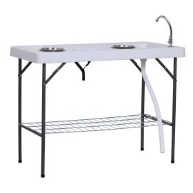 Outsunny Folding Fish Cleaning Table with Sink, Portable Camping Table with Faucet Drainage Hose, Grid Rack and Fish Cleaning Kit for Picnic, Fis (Color: as Pic)