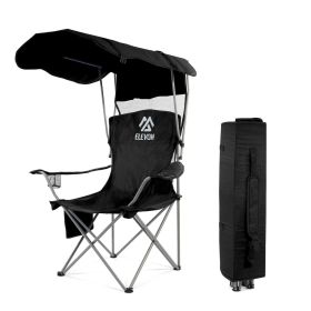 Oversized Camping Chair with Canopy Heavy Duty Folding Outdoor Chair with Armrest Cup Holder and Carry Bag Portable Camp Chair for Beach Fishing (Color: Black)
